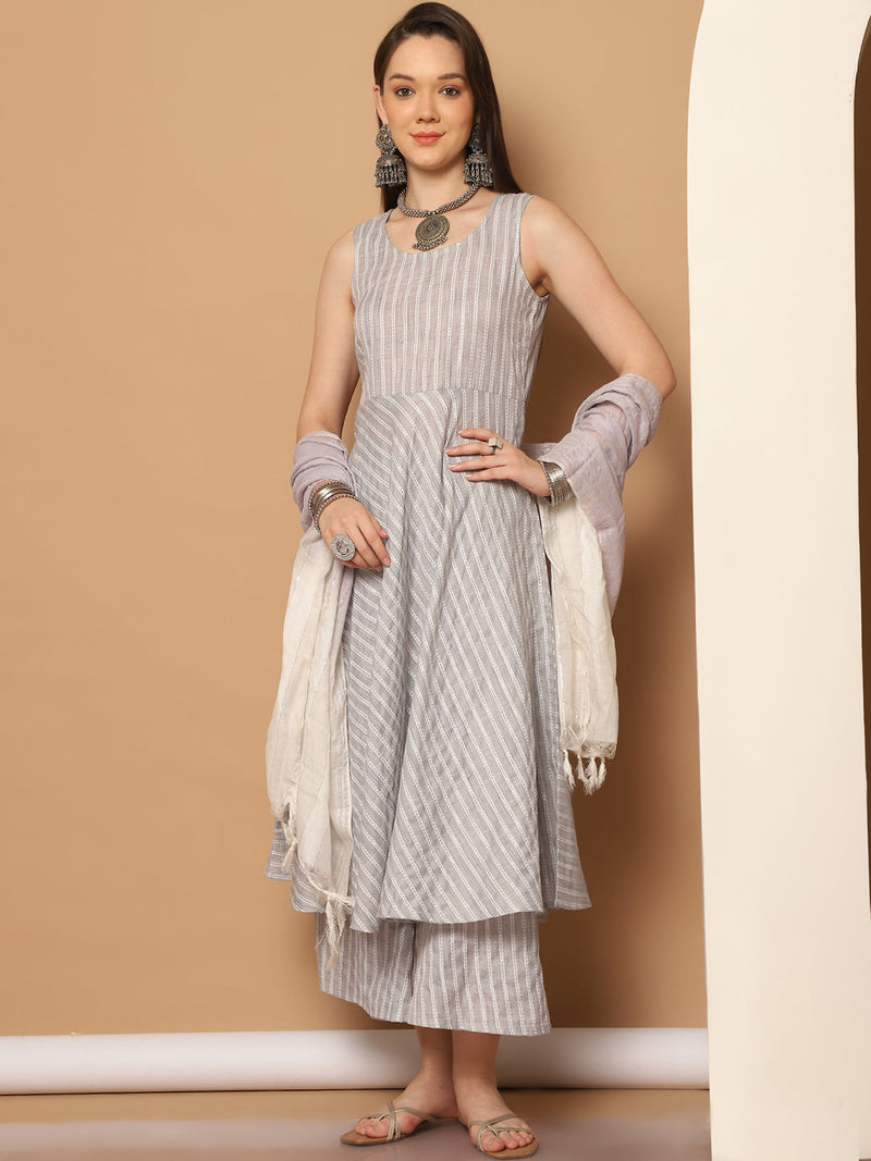 Women Grey Woven Design Flared Kurta with Palazzos & With Dupatta ( JOKPL D59GR 1553 Grey )