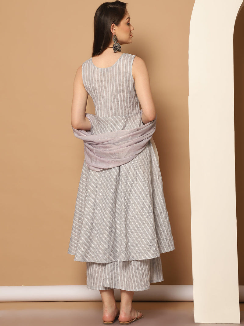 Women Grey Woven Design Flared Kurta with Palazzos & With Dupatta ( JOKPL D59GR 1553 Grey )