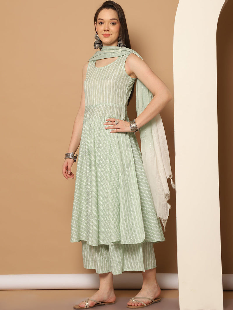 Women Green Woven Design Flared Kurta with Palazzos & With Dupatta ( JOKPL D59G 1553 Green )