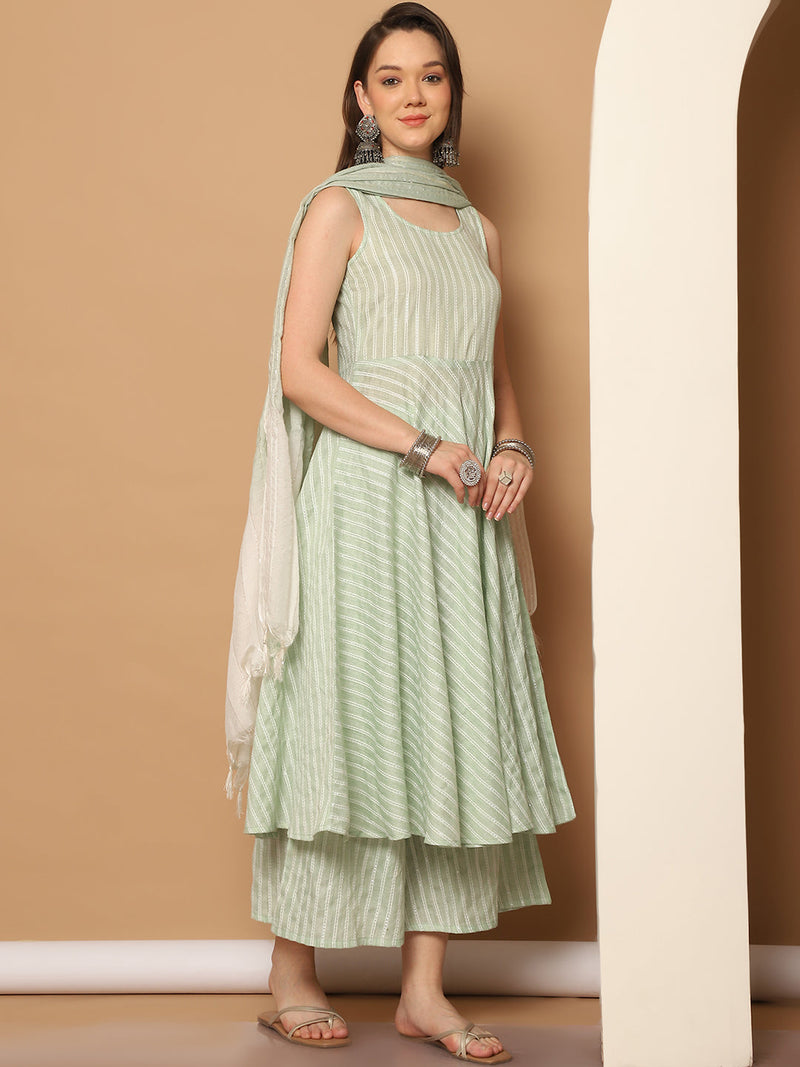 Women Green Woven Design Flared Kurta with Palazzos & With Dupatta ( JOKPL D59G 1553 Green )