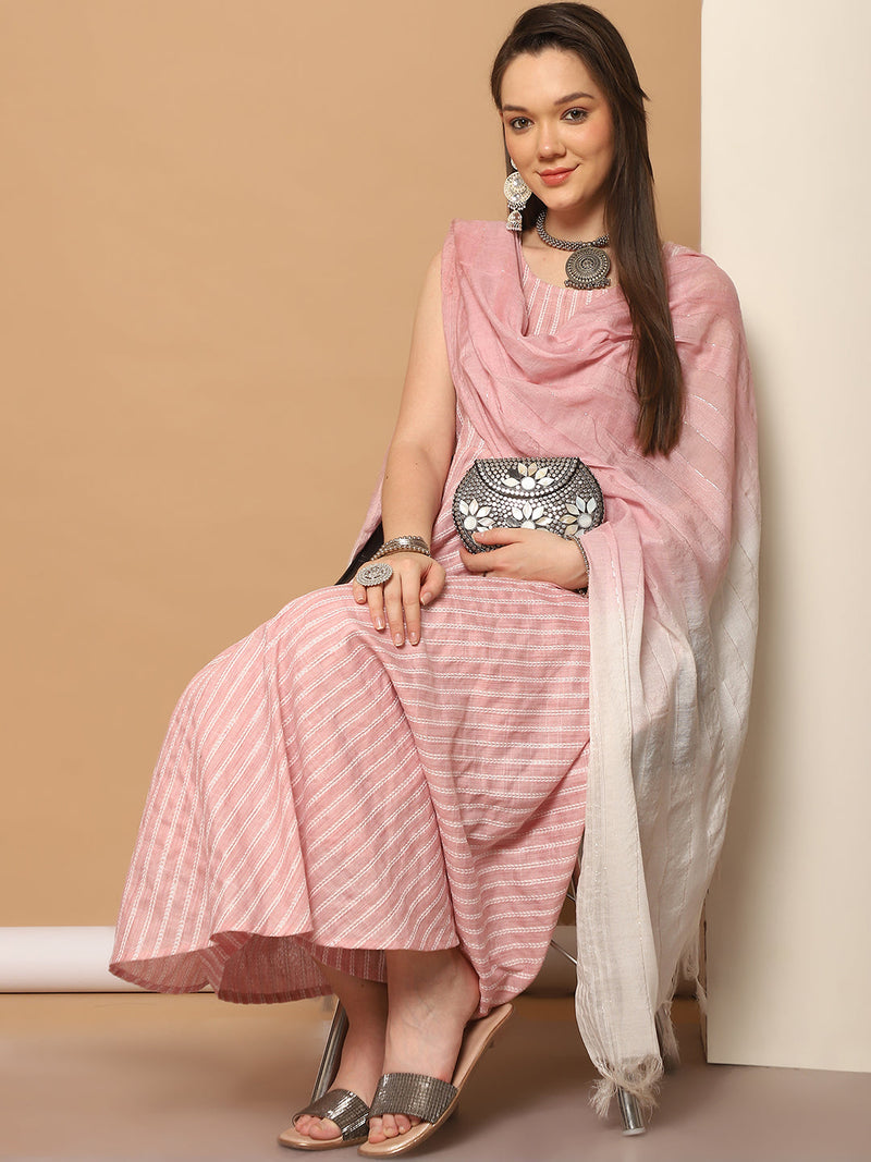 Women Pink Woven Design Flared Kurta with Palazzos & With Dupatta ( JOKPL D59P 1553 Pink )