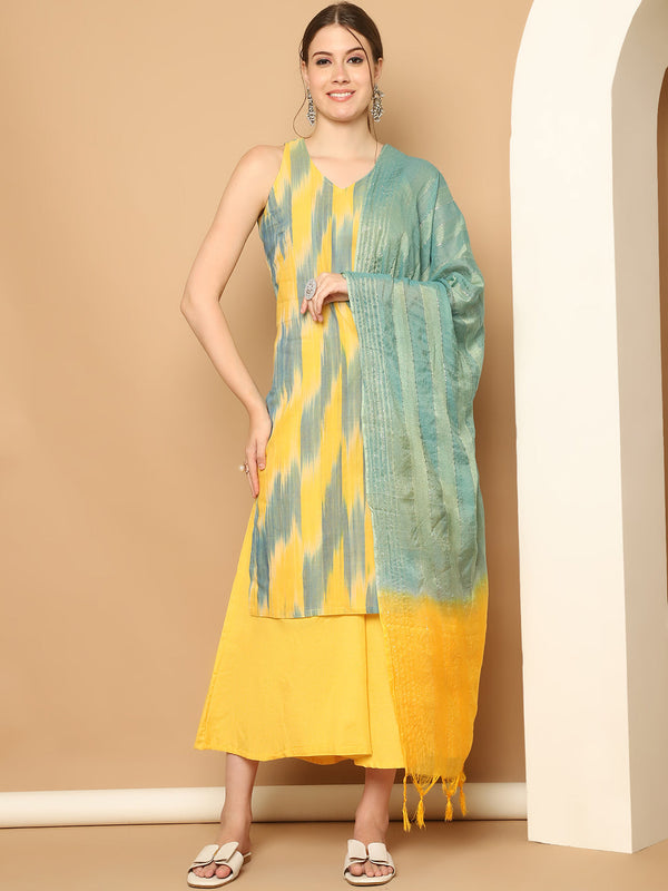 Printed Pure Cotton Kurta with Palazzos & With Dupatta ( JOKPL D59YG 1561 Yellow )