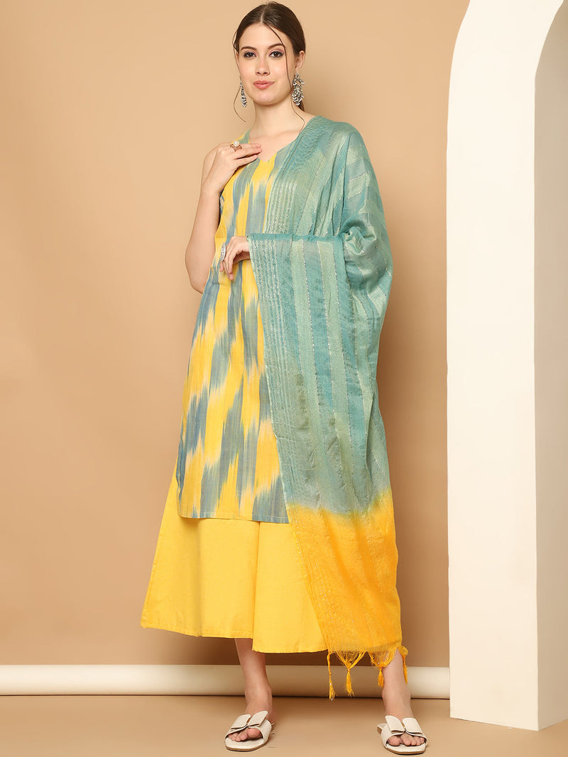 Printed Pure Cotton Kurta with Palazzos & With Dupatta ( JOKPL D59YG 1561 Yellow )