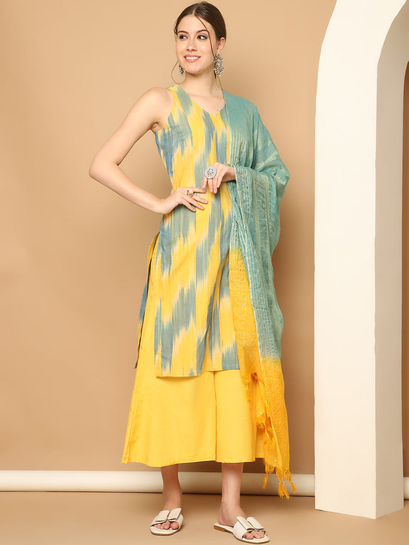 Printed Pure Cotton Kurta with Palazzos & With Dupatta ( JOKPL D59YG 1561 Yellow )