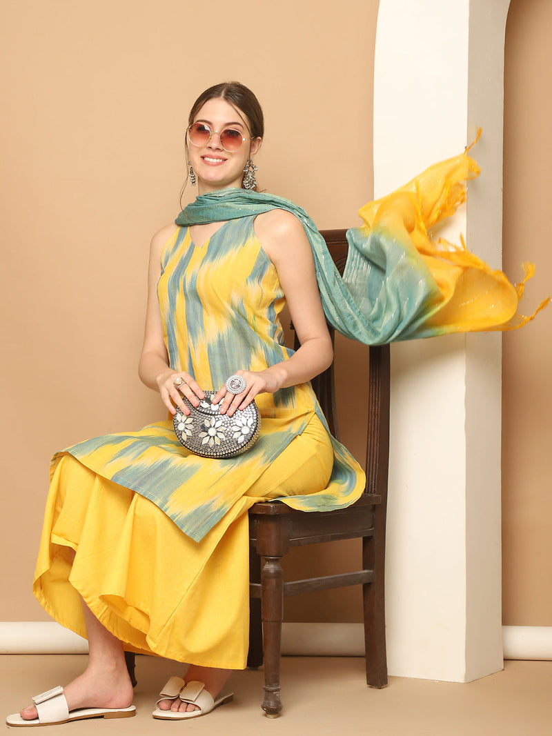 Printed Pure Cotton Kurta with Palazzos & With Dupatta ( JOKPL D59YG 1561 Yellow )