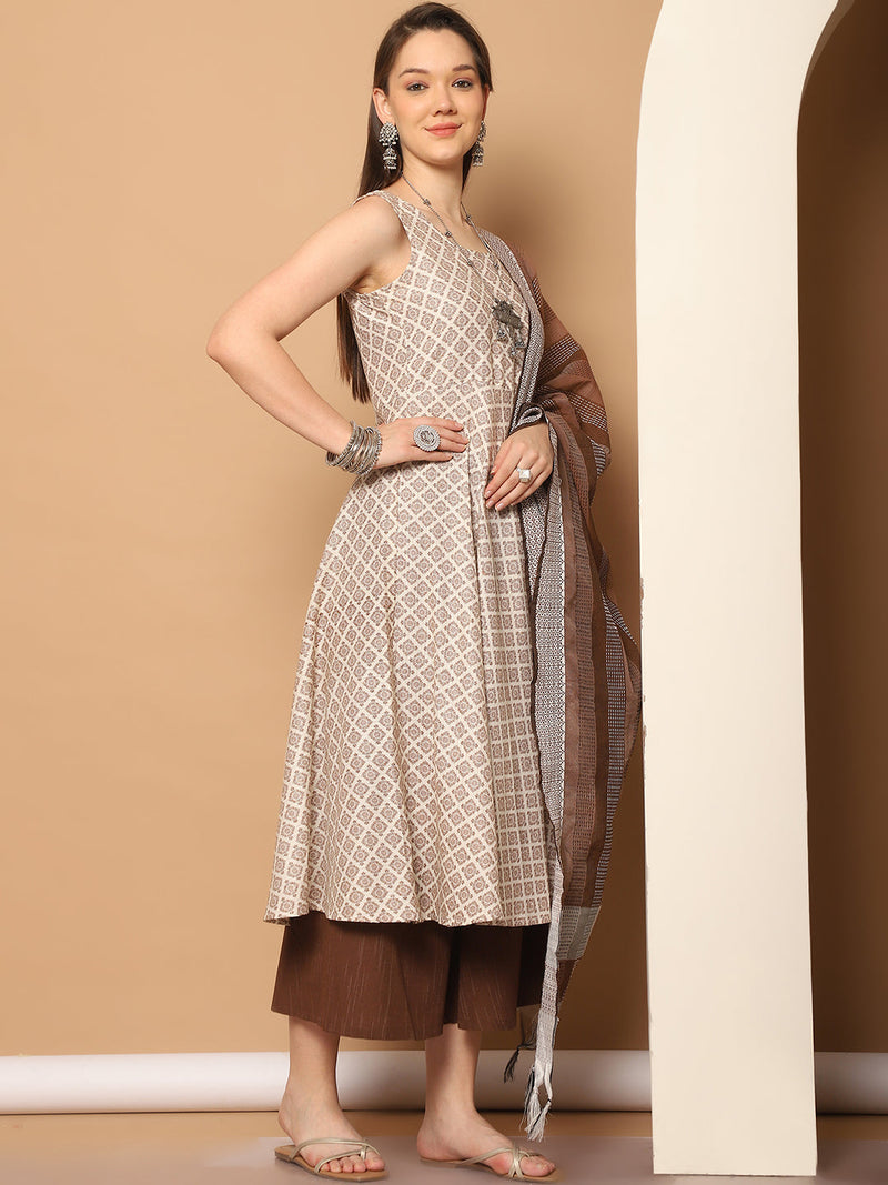 Women Brown Printed Kurta with Palazzos & With Kantha Work Dupatta ( JOKPL D61BR 1557 Brown )