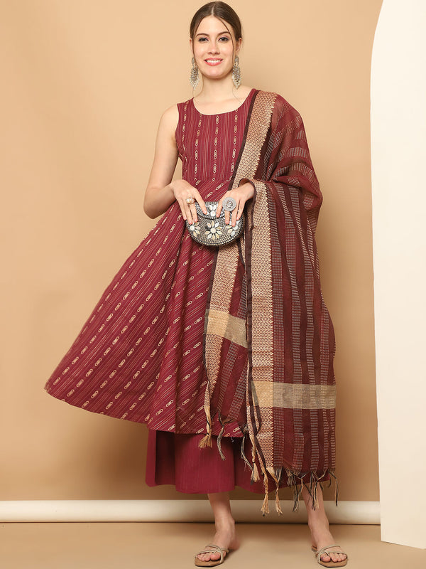 Maroon Woven Design Kantha Work Kurta with Palazzos & With Dupatta ( JOKPL D61M 1566 Maroon )