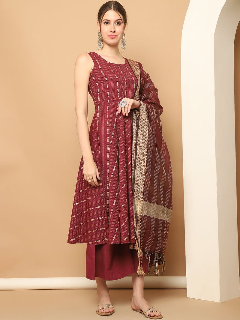 Maroon Woven Design Kantha Work Kurta with Palazzos & With Dupatta ( JOKPL D61M 1566 Maroon )