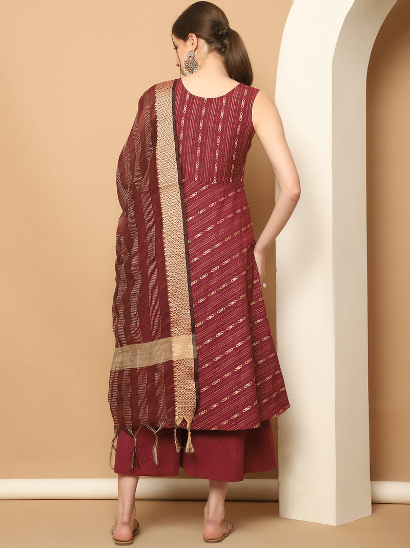 Maroon Woven Design Kantha Work Kurta with Palazzos & With Dupatta ( JOKPL D61M 1566 Maroon )