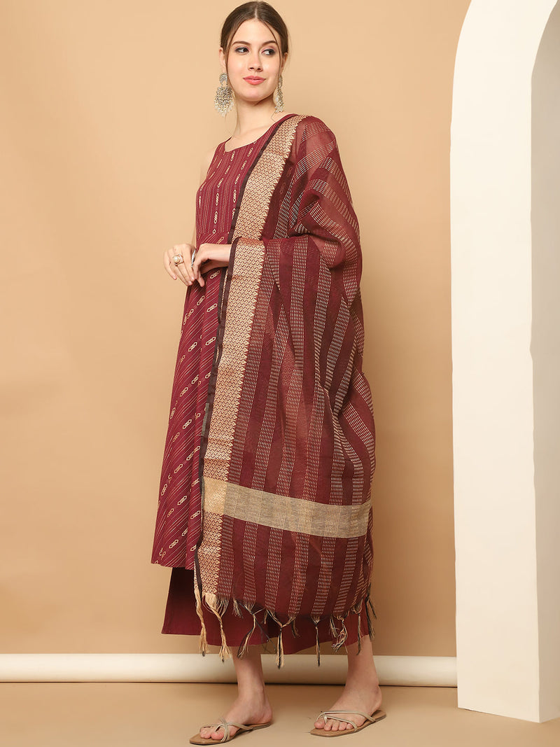 Maroon Woven Design Kantha Work Kurta with Palazzos & With Dupatta ( JOKPL D61M 1566 Maroon )