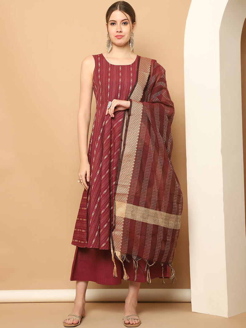 Maroon Woven Design Kantha Work Kurta with Palazzos & With Dupatta ( JOKPL D61M 1566 Maroon )