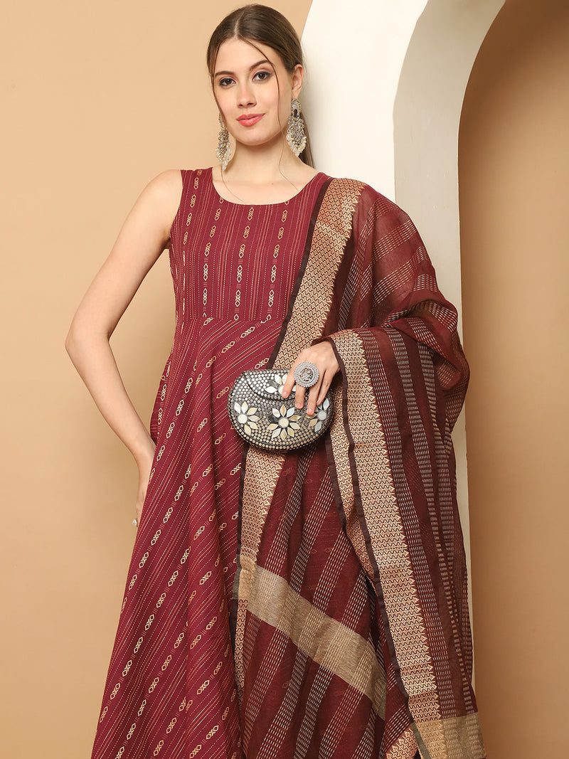 Maroon Woven Design Kantha Work Kurta with Palazzos & With Dupatta ( JOKPL D61M 1566 Maroon )