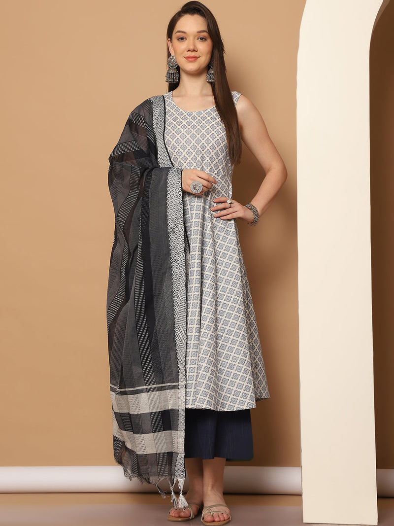 Women Navy Blue Printed Kurta with Palazzos & With Kantha Work Dupatta ( JOKPL D61N 1557 Navy )