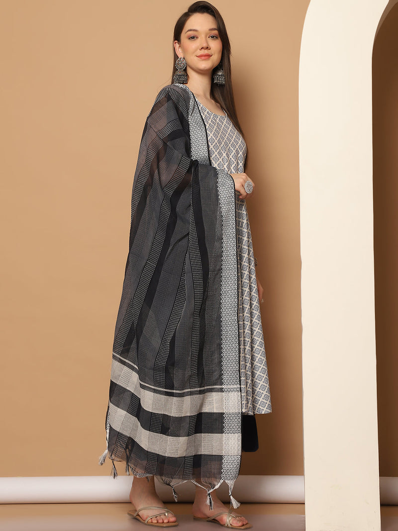 Women Navy Blue Printed Kurta with Palazzos & With Kantha Work Dupatta ( JOKPL D61N 1557 Navy )