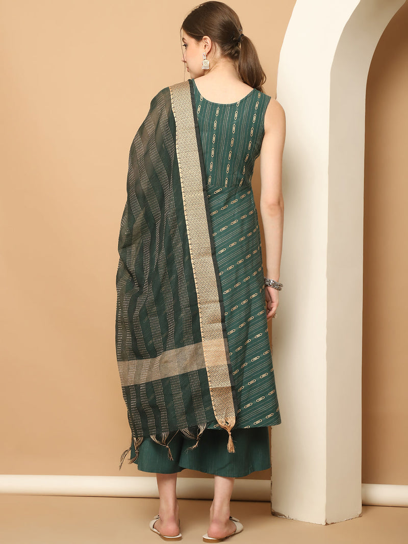 Green Woven Design Kantha Work Kurta with Palazzos & With Dupatta ( JOKPL D61O 1566 Olive )