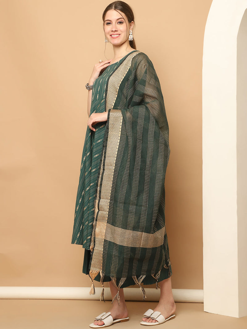 Green Woven Design Kantha Work Kurta with Palazzos & With Dupatta ( JOKPL D61O 1566 Olive )