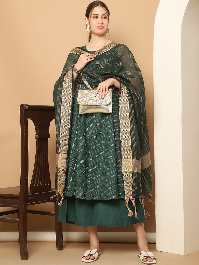 Green Woven Design Kantha Work Kurta with Palazzos & With Dupatta ( JOKPL D61O 1566 Olive )