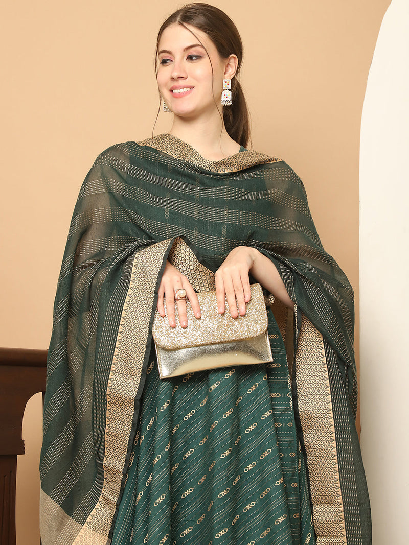 Green Woven Design Kantha Work Kurta with Palazzos & With Dupatta ( JOKPL D61O 1566 Olive )