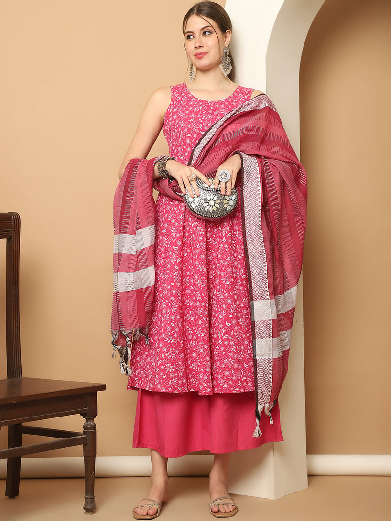 Printed pink flared kurta pallazos dupatta set ( JOKPL D61P 1565 Pink )