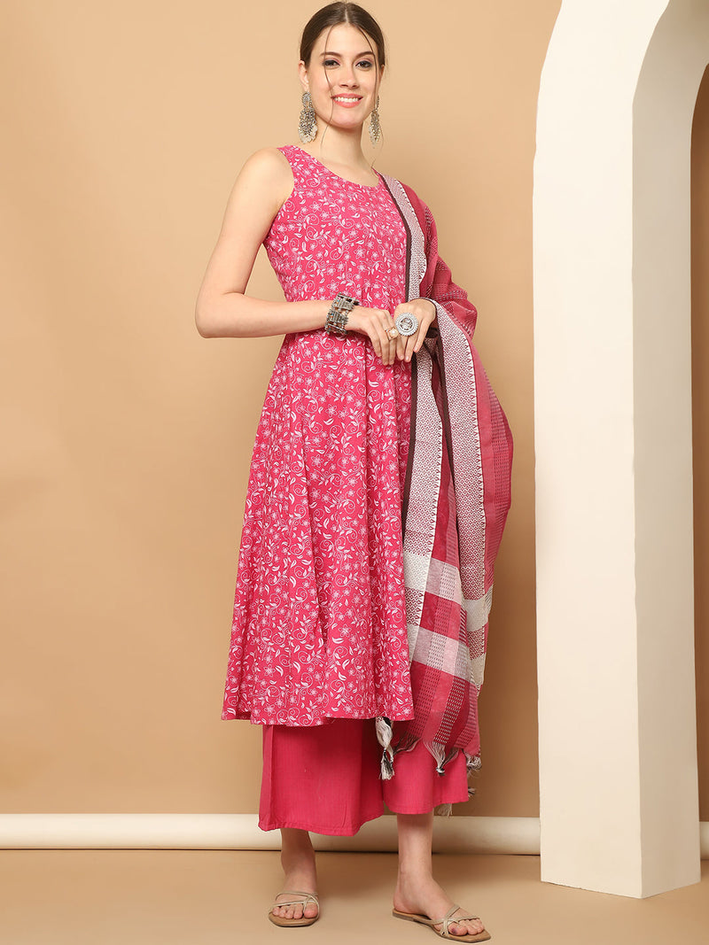 Printed pink flared kurta pallazos dupatta set ( JOKPL D61P 1565 Pink )