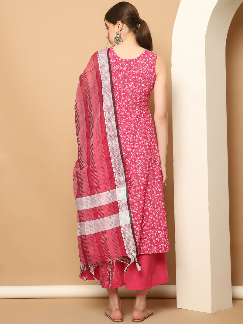 Printed pink flared kurta pallazos dupatta set ( JOKPL D61P 1565 Pink )