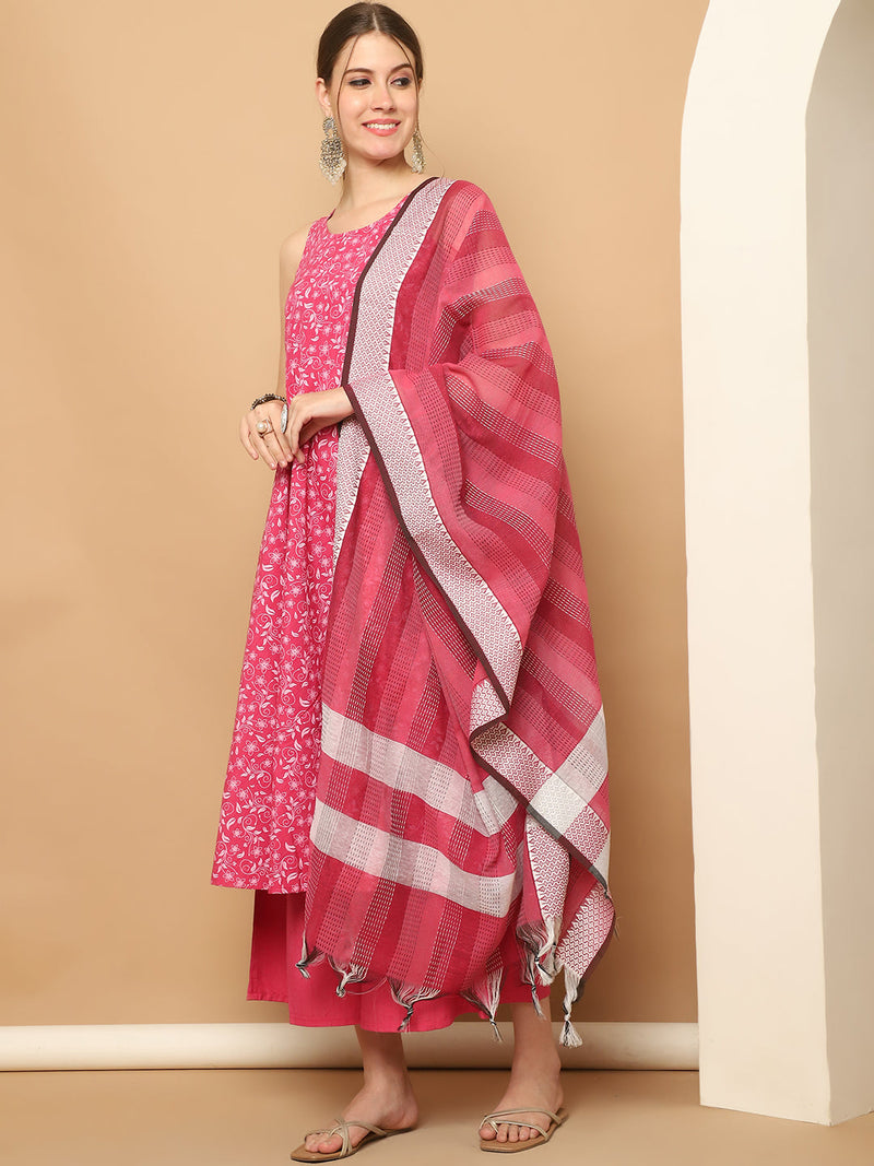 Printed pink flared kurta pallazos dupatta set ( JOKPL D61P 1565 Pink )