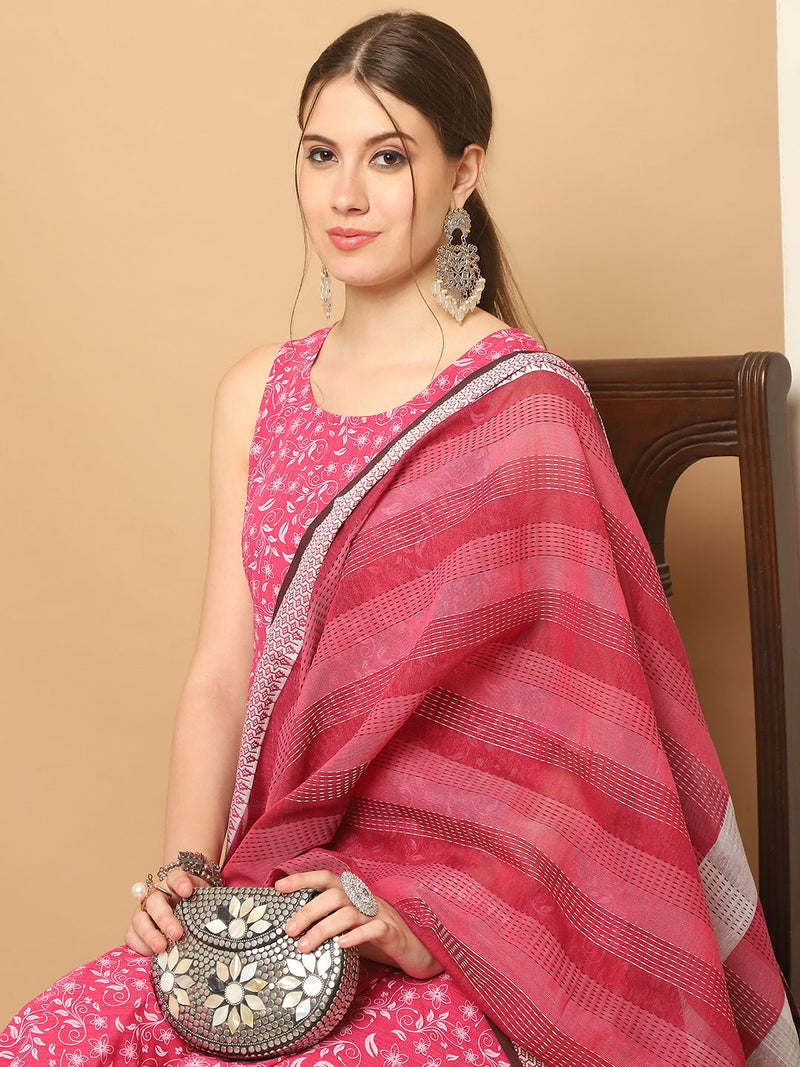 Printed pink flared kurta pallazos dupatta set ( JOKPL D61P 1565 Pink )