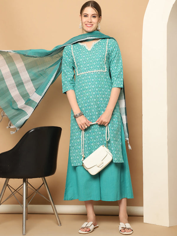 Printed green kurta with lace work, pallazos dupatta set ( JOKPL D61RA 1562 Rama )