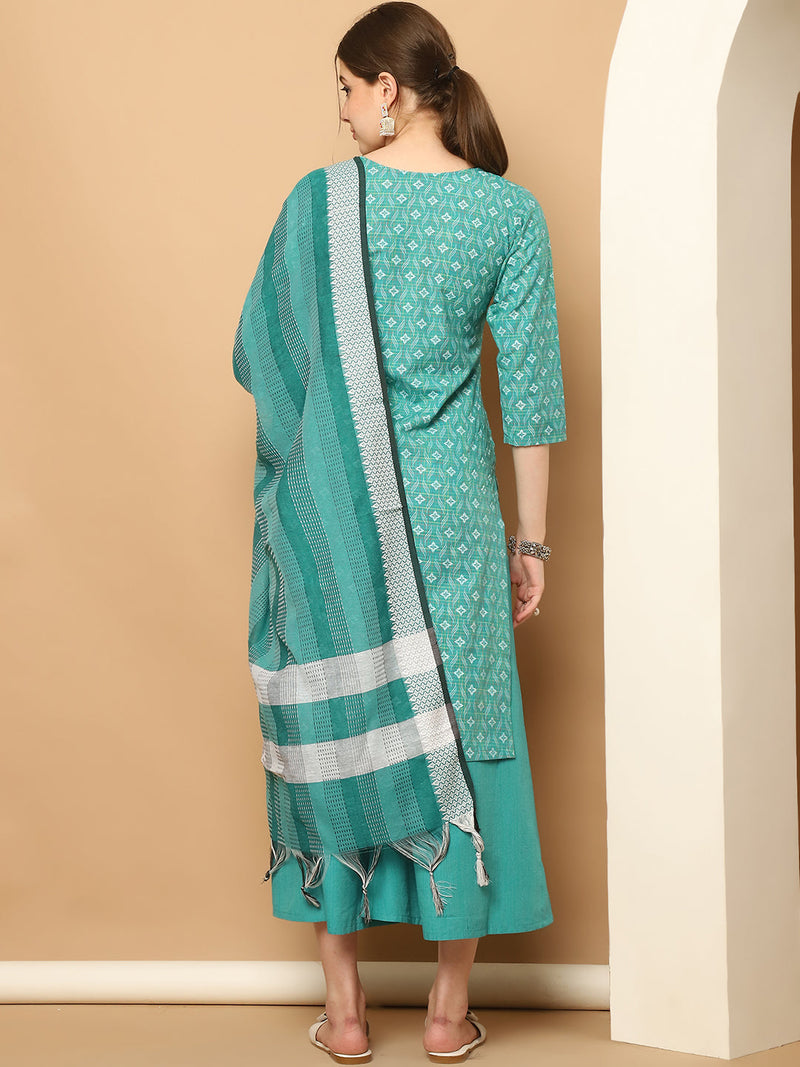 Printed green kurta with lace work, pallazos dupatta set ( JOKPL D61RA 1562 Rama )