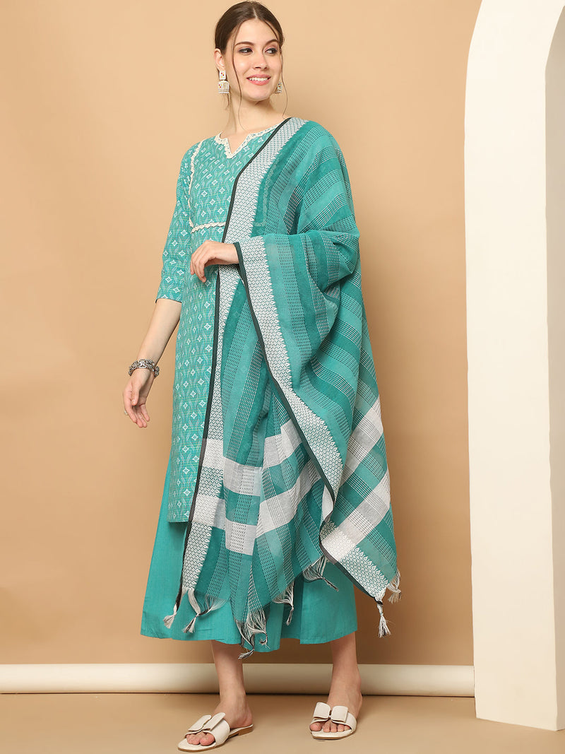 Printed green kurta with lace work, pallazos dupatta set ( JOKPL D61RA 1562 Rama )