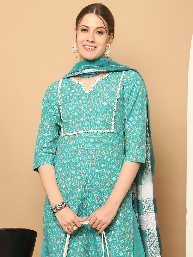 Printed green kurta with lace work, pallazos dupatta set ( JOKPL D61RA 1562 Rama )