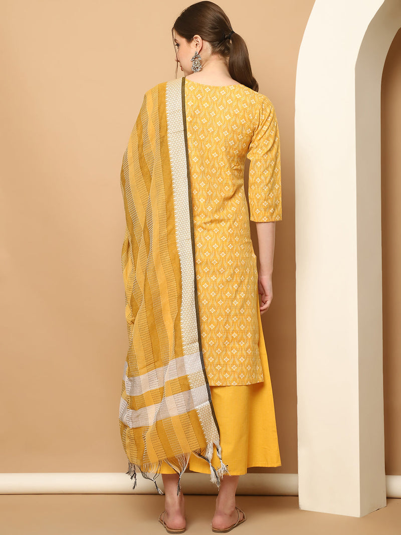 Printed yellow kurta with lace work, pallazos dupatta set ( JOKPL D61Y 1562 Yellow )