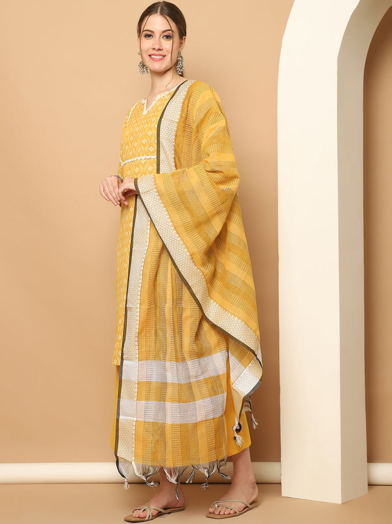 Printed yellow kurta with lace work, pallazos dupatta set ( JOKPL D61Y 1562 Yellow )