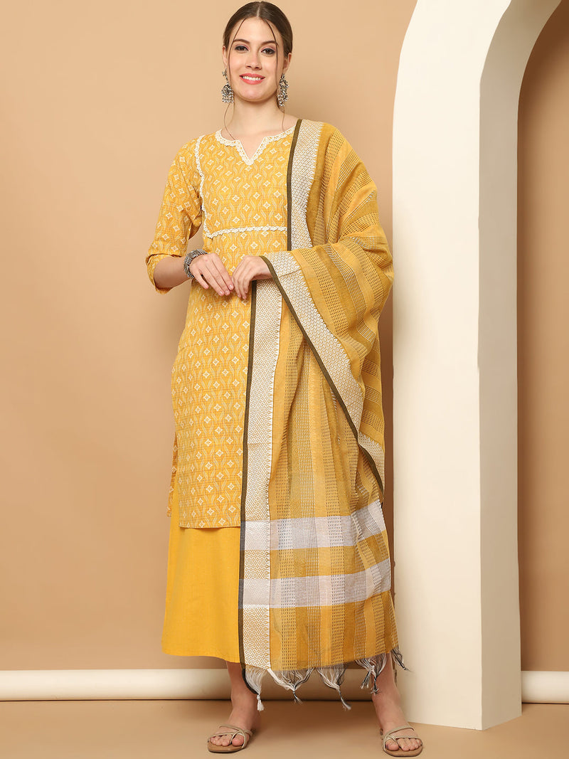 Printed yellow kurta with lace work, pallazos dupatta set ( JOKPL D61Y 1562 Yellow )