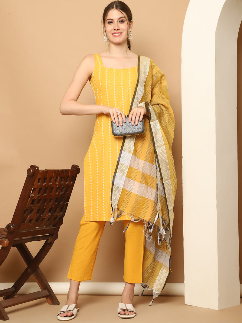 Yellow Dobby Kurta with pallazos dupatta set ( JOKPL D61Y 1563 Yellow )