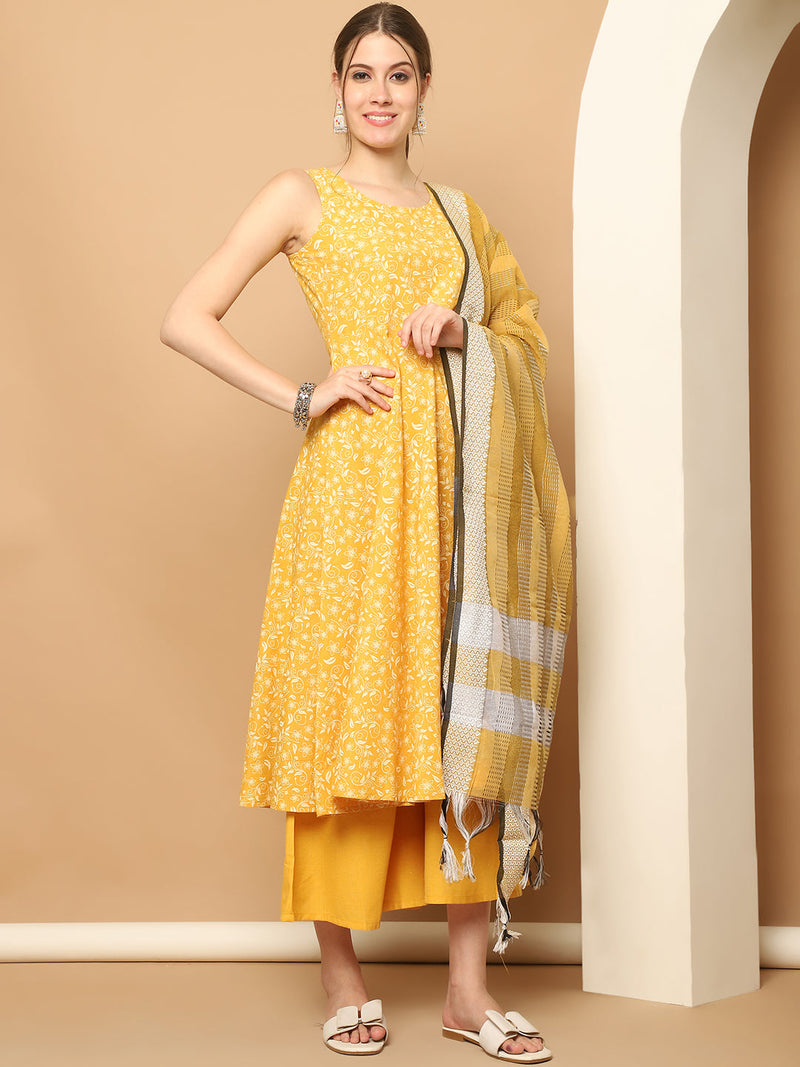 Printed yellow flared kurta pallazos dupatta set ( JOKPL D61Y 1565 Yellow )