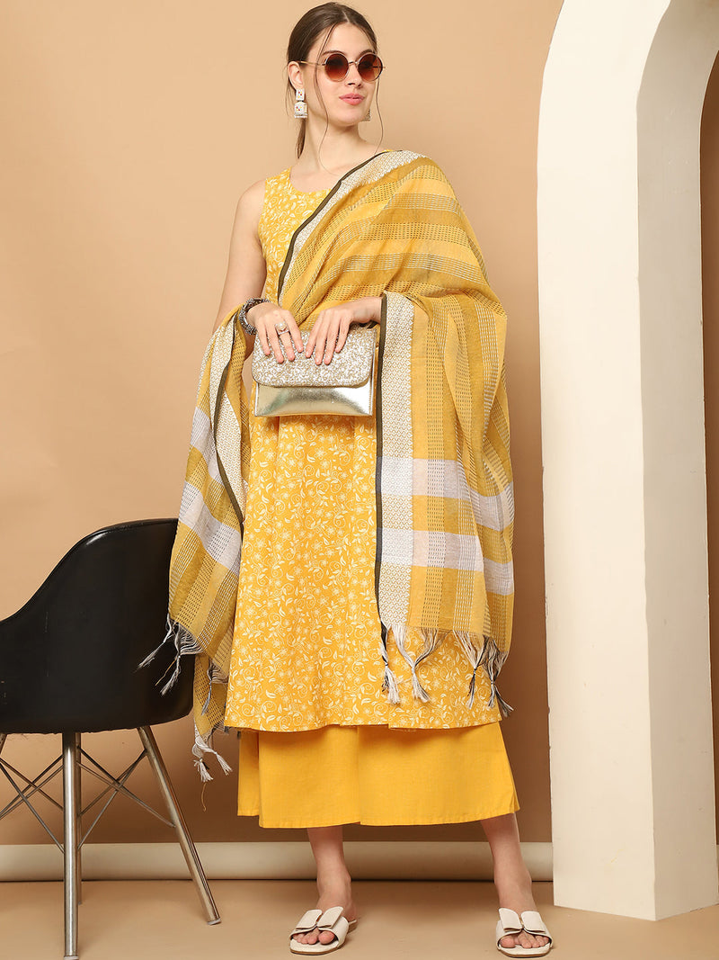 Printed yellow flared kurta pallazos dupatta set ( JOKPL D61Y 1565 Yellow )