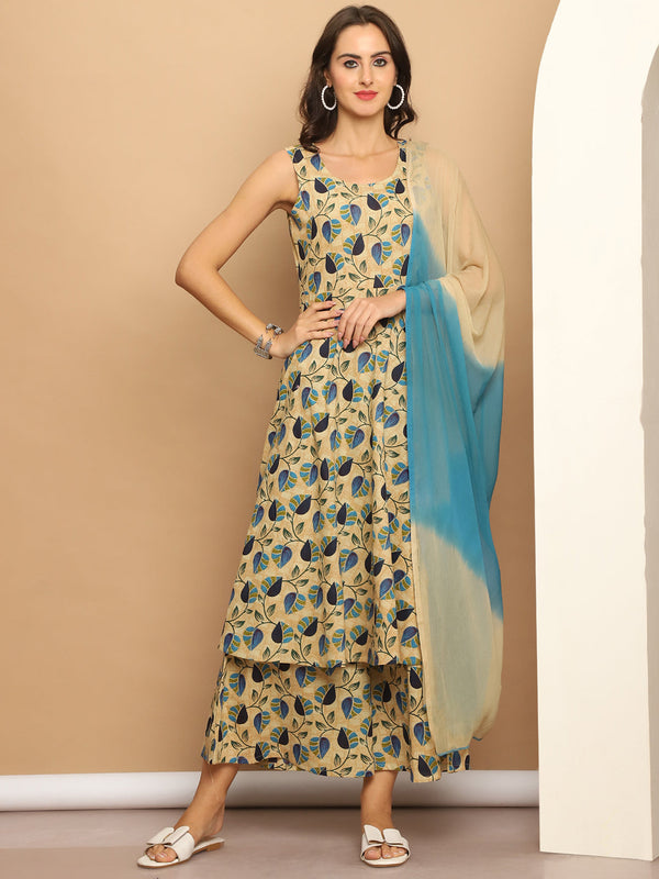 Printed flared kurta pallazos dupatta set