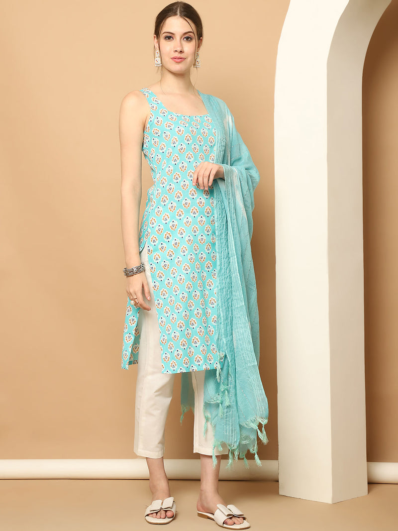 Blue printed Kurta with pallazos dupatta set ( JOKPL D64B 1563 Blue )