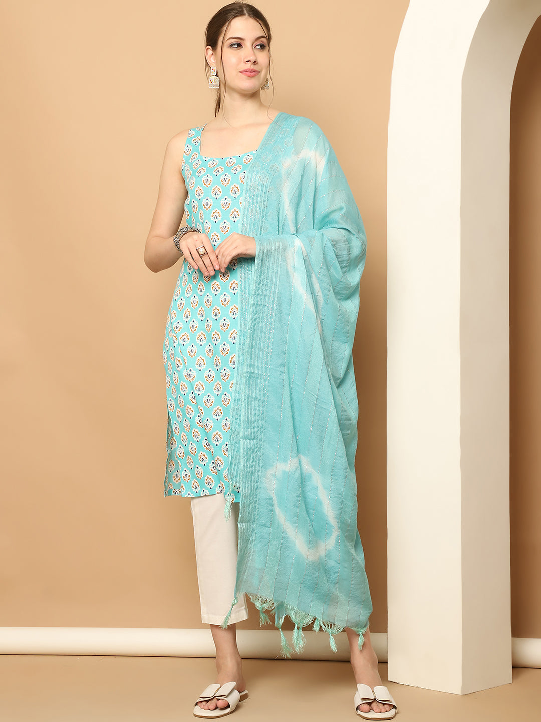 Blue printed Kurta with pallazos dupatta set ( JOKPL D64B 1563 Blue )