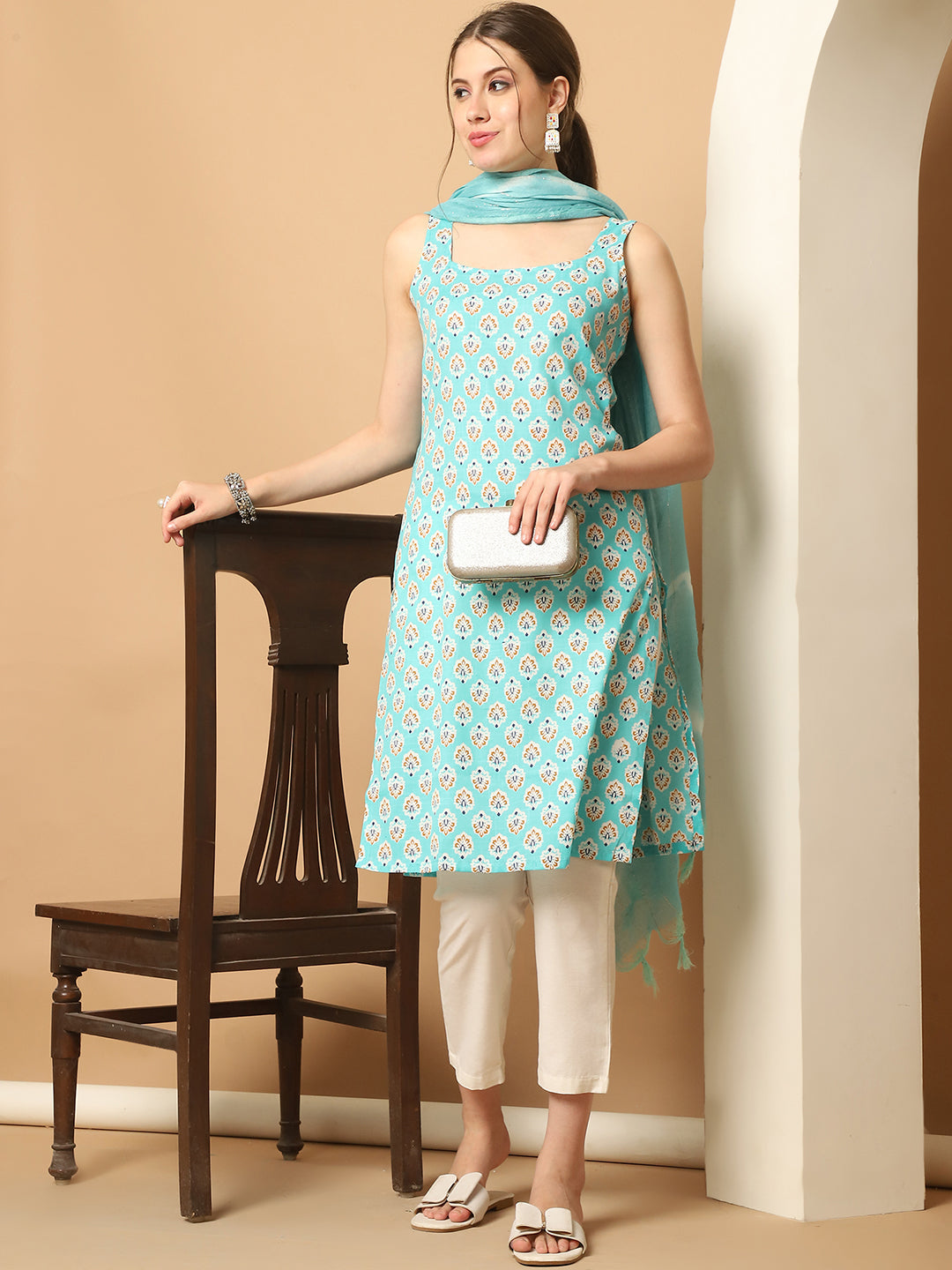 Blue printed Kurta with pallazos dupatta set ( JOKPL D64B 1563 Blue )