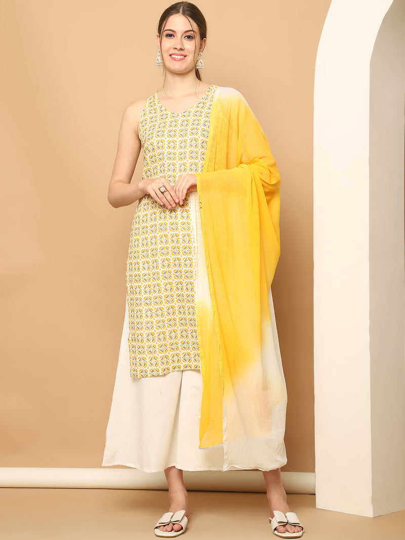 Printed Rayon Yellow Kurta with Palazzos & With Dupatta ( JOKPL D64L 1561 Lemon )