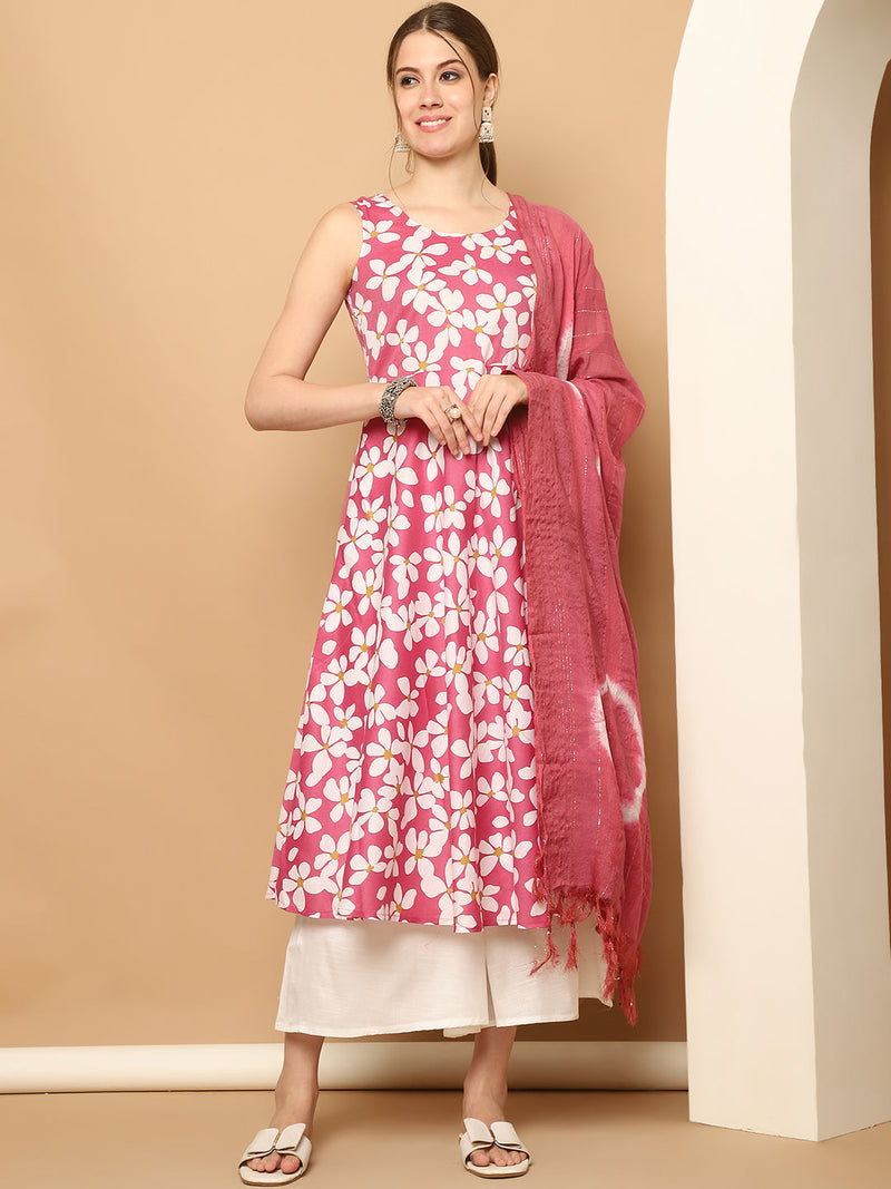 Printed pink flowers flared kurta pallazos dupatta set ( JOKPL D64Pi 1564 Pink )