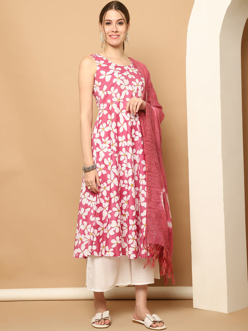 Printed pink flowers flared kurta pallazos dupatta set ( JOKPL D64Pi 1564 Pink )