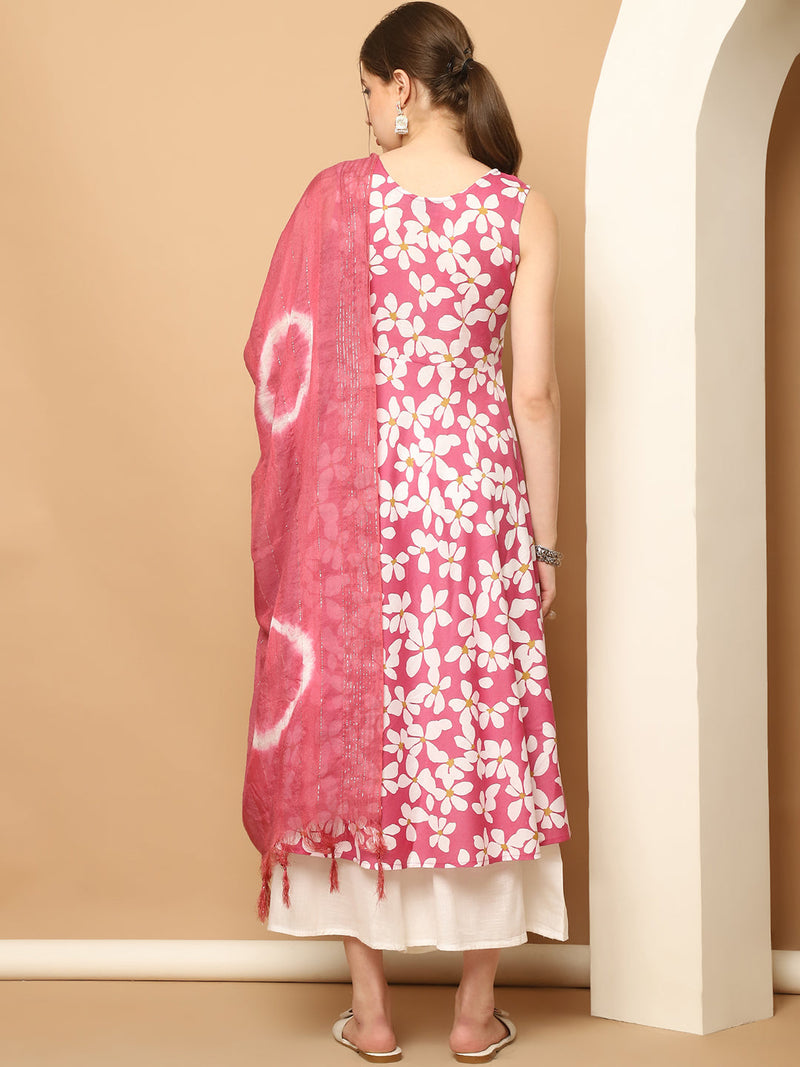 Printed pink flowers flared kurta pallazos dupatta set ( JOKPL D64Pi 1564 Pink )