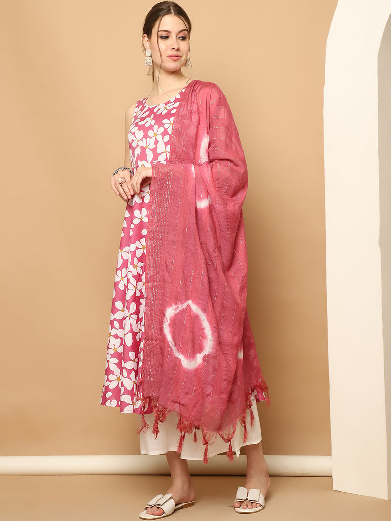 Printed pink flowers flared kurta pallazos dupatta set ( JOKPL D64Pi 1564 Pink )