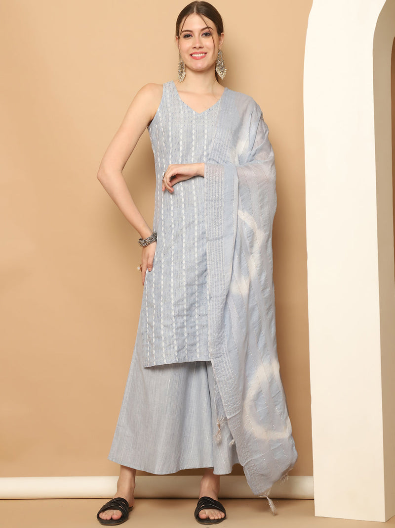 Dobby Blue Kurta with Palazzos & With Dupatta ( JOKPL D64S 1561 Sky )