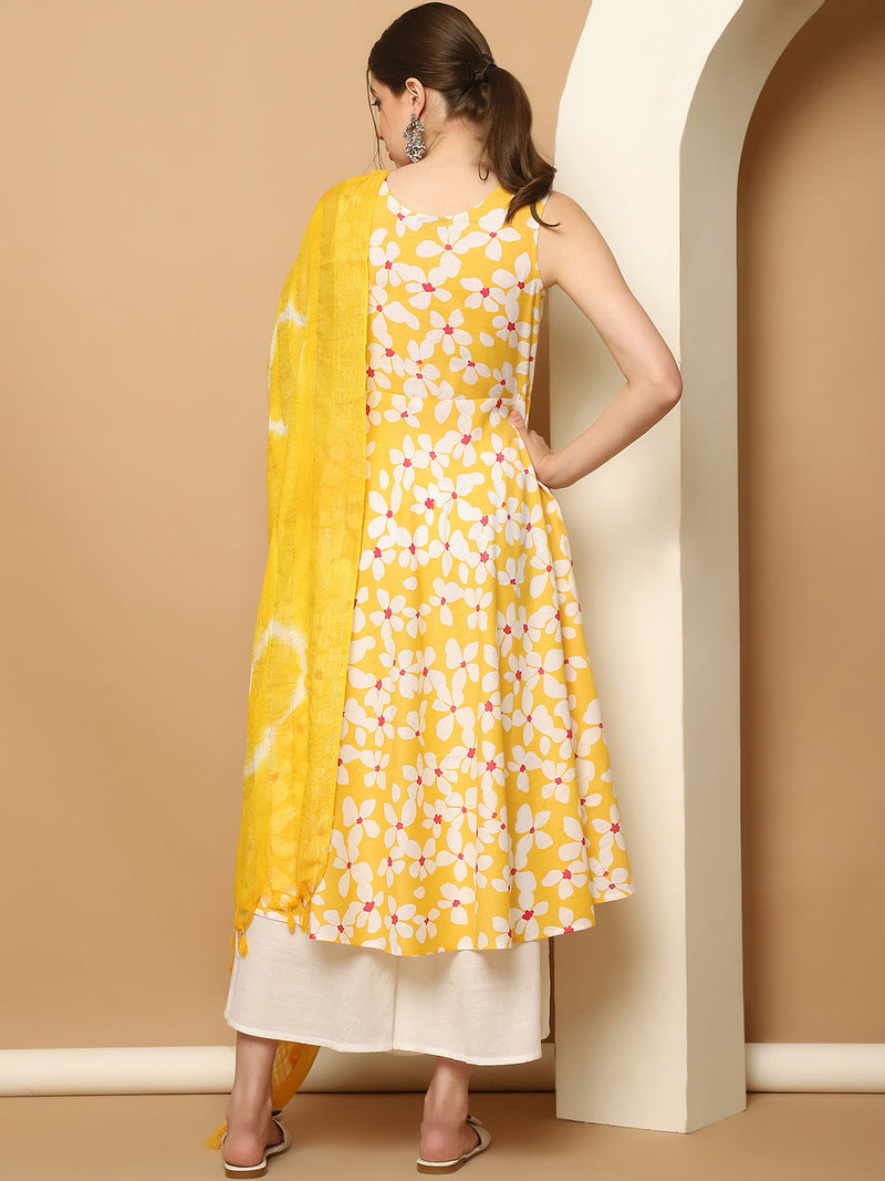 Printed yellow flowers flared kurta pallazos dupatta set ( JOKPL D64Y 1564 Yellow )