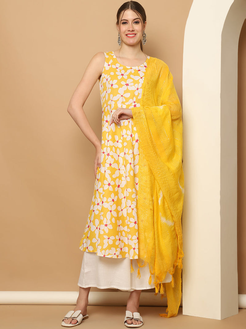 Printed yellow flowers flared kurta pallazos dupatta set ( JOKPL D64Y 1564 Yellow )