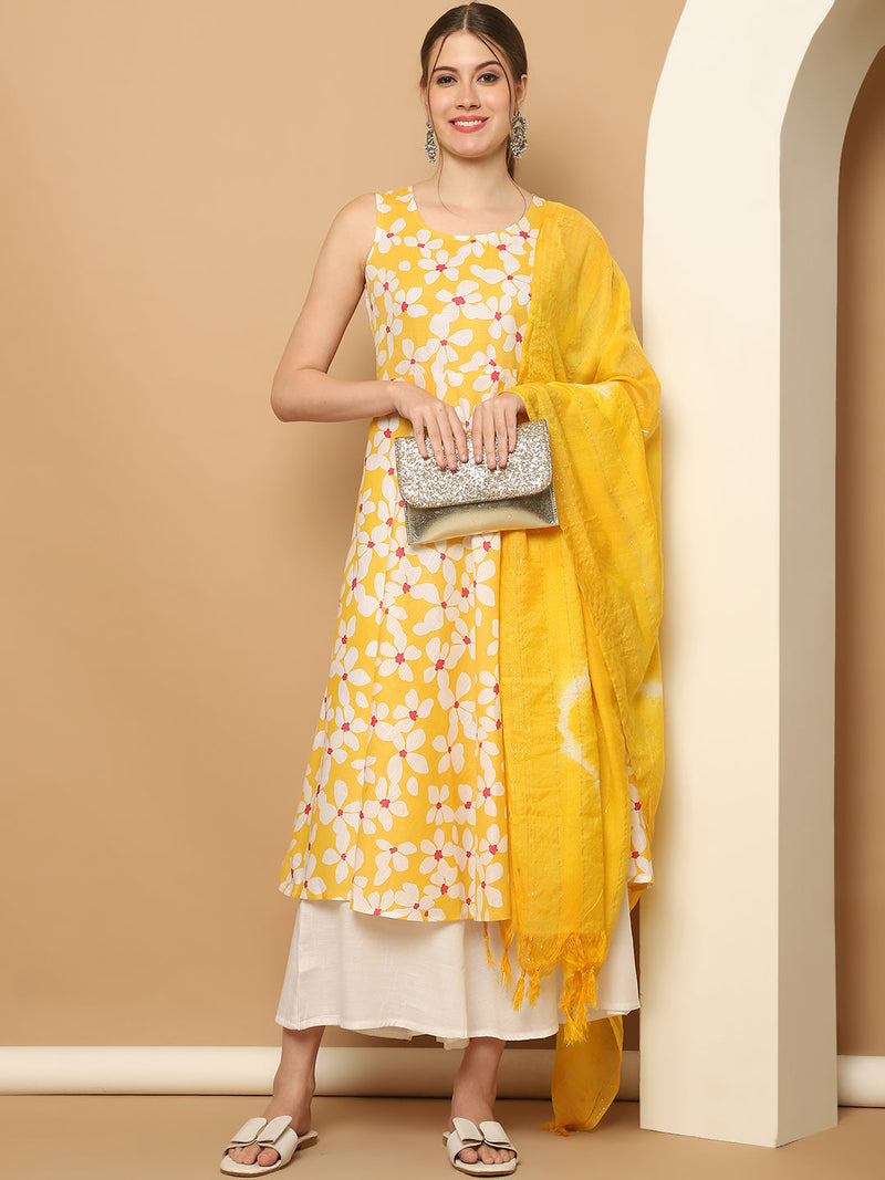 Printed yellow flowers flared kurta pallazos dupatta set ( JOKPL D64Y 1564 Yellow )